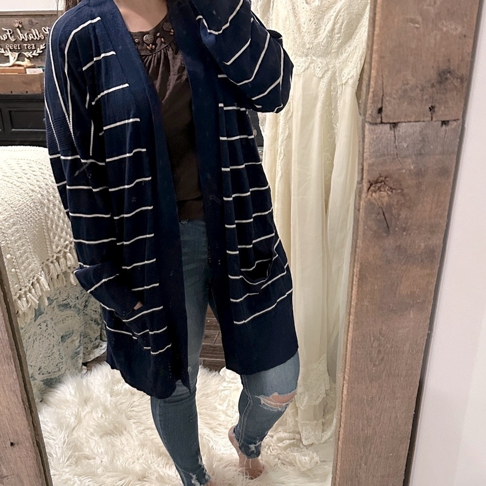Pink Rose Navy Striped Women's Sweater cardigan size 3X - Picture 2 of 6